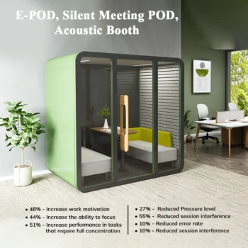 E-POD, Silent Meeting POD, Acoustic Booth with a powder-coated finish, featuring elegant interiors, Office POD or Silent Room, includes electricity and internet connectivity, offering a quiet space amidst the hustle and bustle of the office or home (4 Seater)
